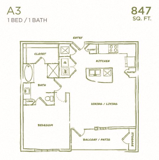 Floor plan for 1 bed, 1 bath, 900 sqft